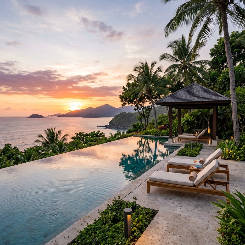 Luxury resort infinity pool at sunset